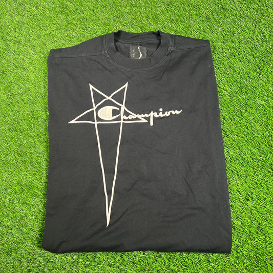 Rick Ownes Champions Star Logo Black Tee Size Large USED x13329