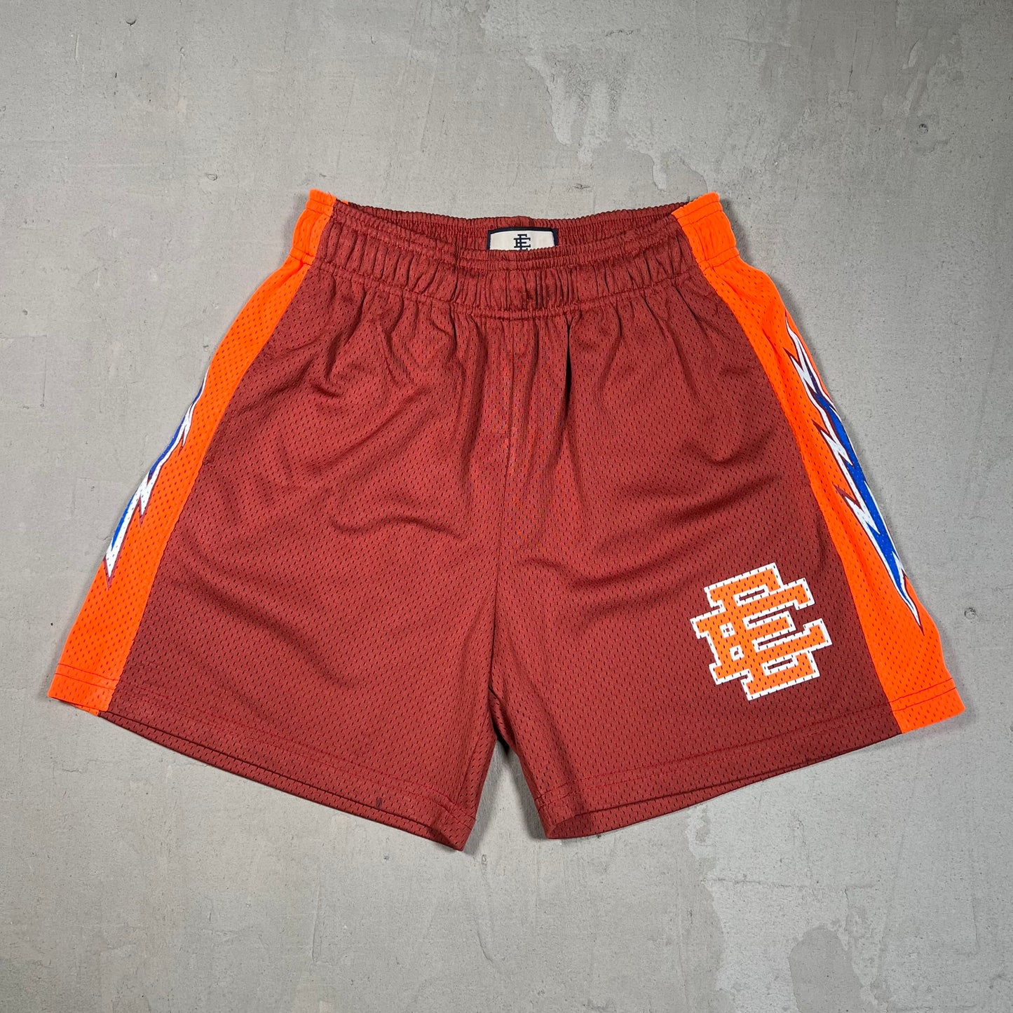 Eric Emanuel Burnt Red/Volt Orange Bolt Mesh Shorts Size Small USED x17556