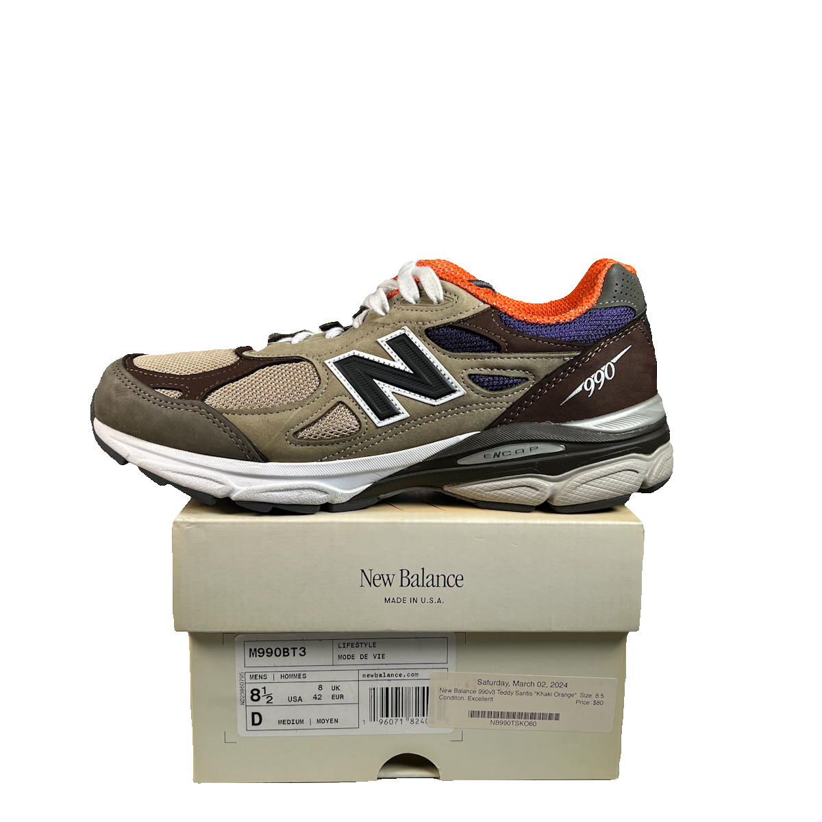 New Balance 990v3 MiUSA Teddy Santis Khaki Orange (2023) Size 8.5 USED s22787