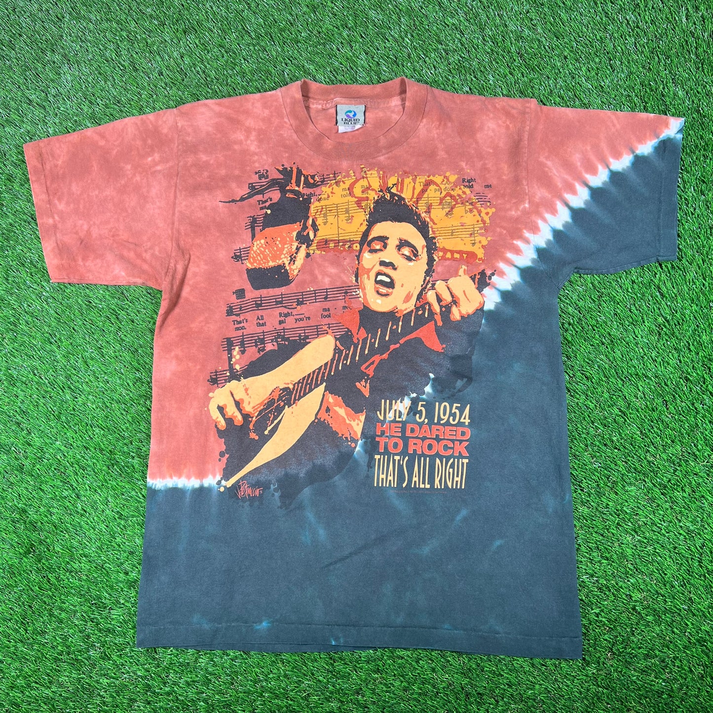 1990s Liquid Blue Elvis Red/Black Tie Dye Tee Size Medium USED v17875