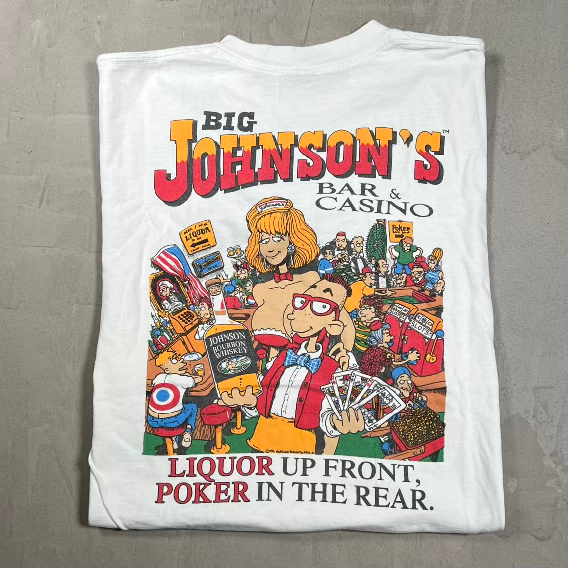 1992 Big Johnson Bar Casino White Tee Size Large USED v20352