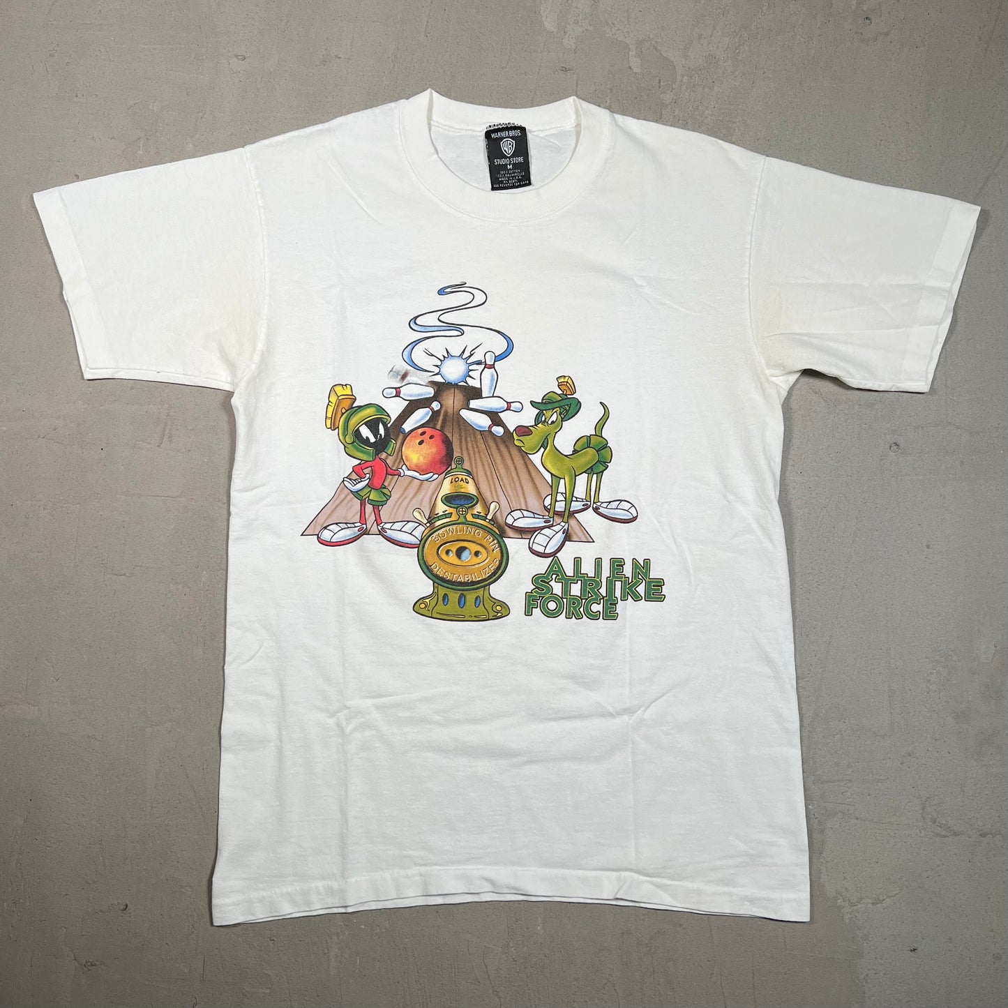 1990s WB Marvin the Martian Bowling Tee White Size Medium USED v19535