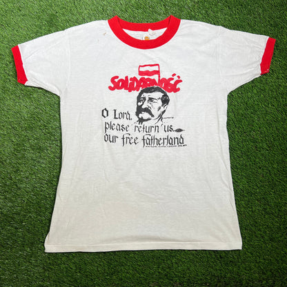 1980s Josef Stalin "Fatherland" White Ringer Tee Size Large USED v16521
