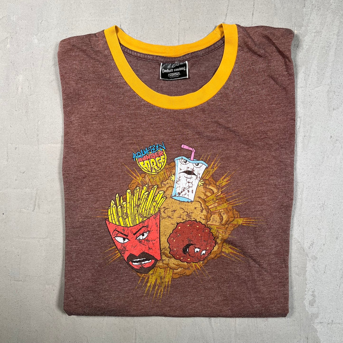 2004 Aqua Teen Hunger Force Adult Swim Cartoon Network Brown Tee Size Large USED v19470