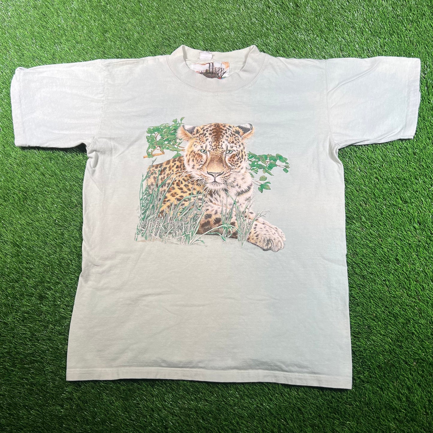 1990s Baby Tiger Nature Light Green Tee Size Medium USED v17778