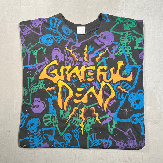 1992 Grateful Dead Skeletons with Top Hats Full Print Black Tee Size Large USED v2295