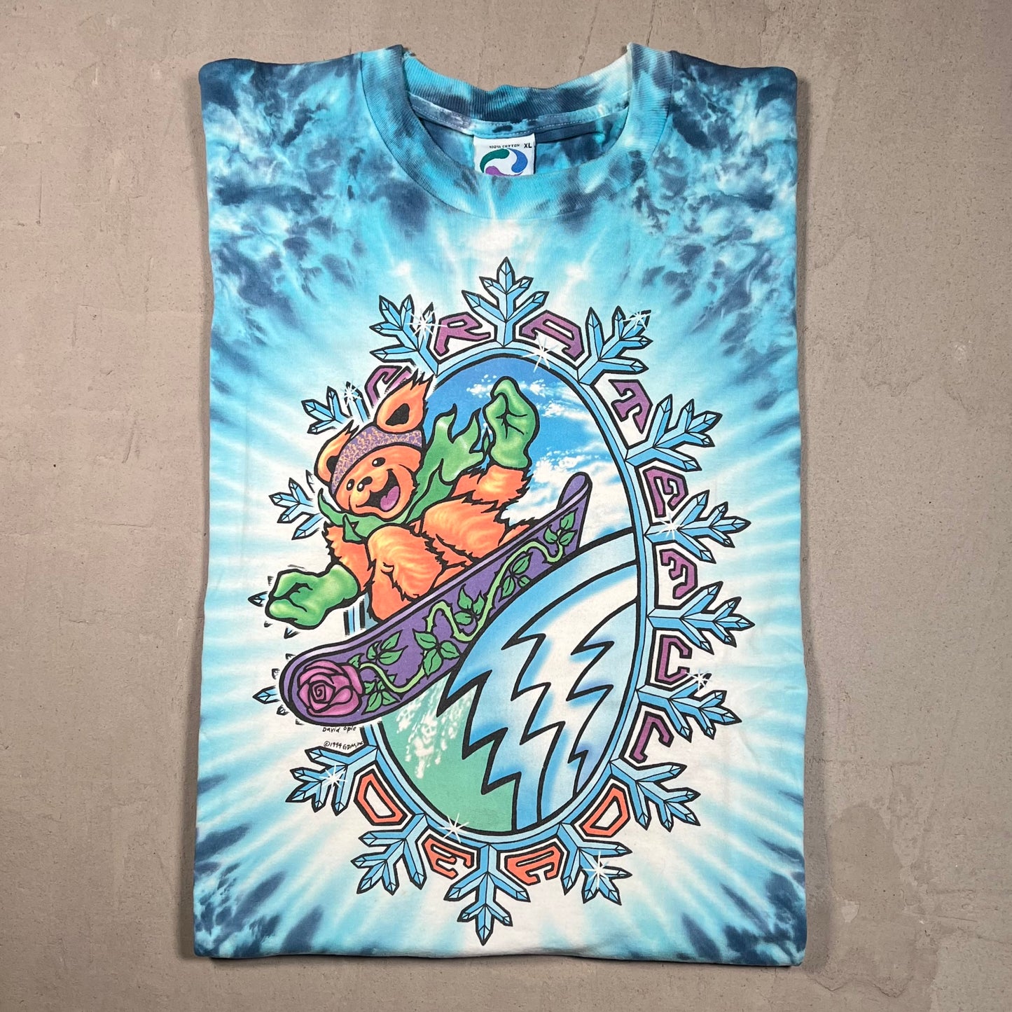 1994 Grateful Dead Snowboarding Winter Tie Dye Blue Tee Size XL USED v18039