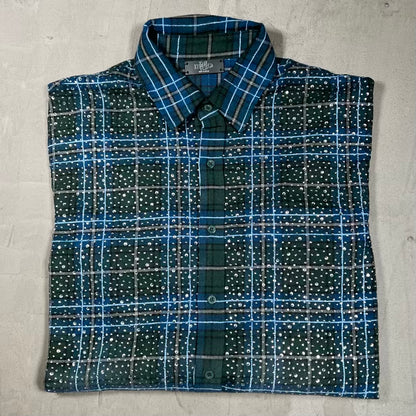 HMDD Rhinestone Blue/Green Button Up Flannel Size XL USED x18282