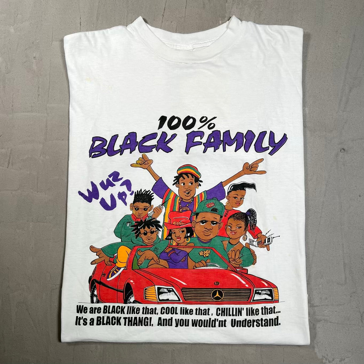 1990s Black Family  Wuz Up White Tee Size Large USED v20331