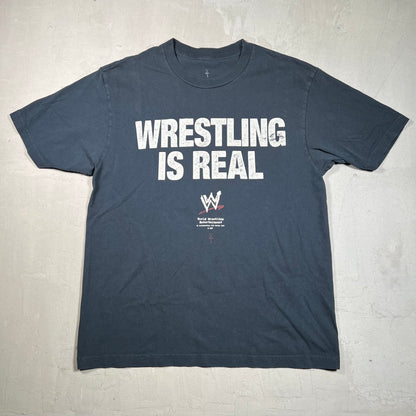 WWE Travis Scott "Wrestling Is Real" Navy Tee Size Large USED x17511