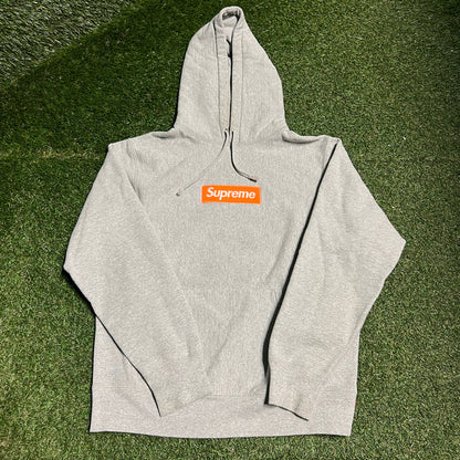 Supreme Box Logo Safety Orange Grey Hoodie Size Medium USED x13580 FW17