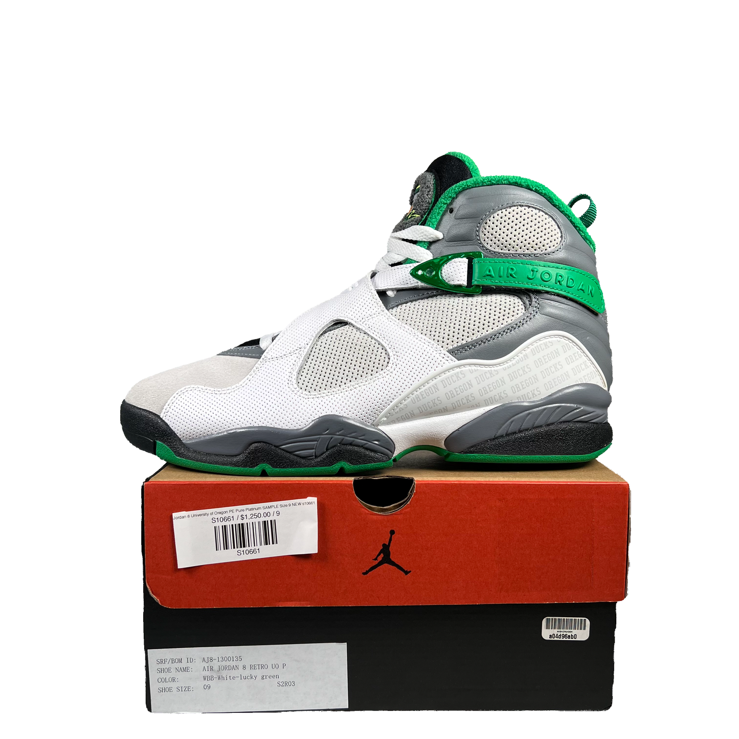 Jordan 8 University of Oregon PE Pure Platinum SAMPLE Size 9 NEW s10661