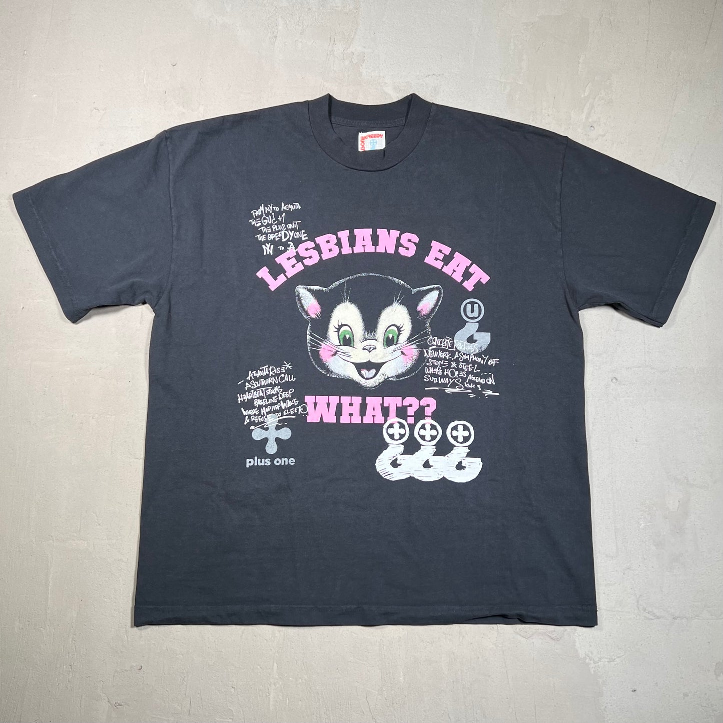 Greedy Unit "Lesbians Eat What?" Black Tee Size Large USED x17602
