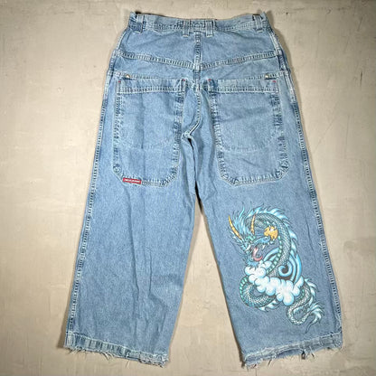 Y2K JNCO Jeans Blue Denim Dragon Jeans Size 36 USED v20061