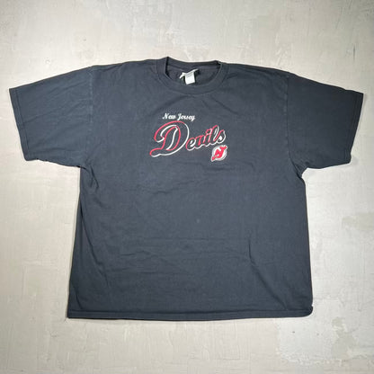 1990s New Jersey Devils Embroidered Black Tee Size XXL USED v20356