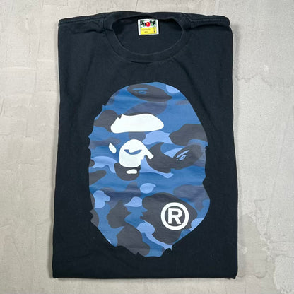 Bape Big Ape Head Blue Camo Black Tee Size Large USED x18936