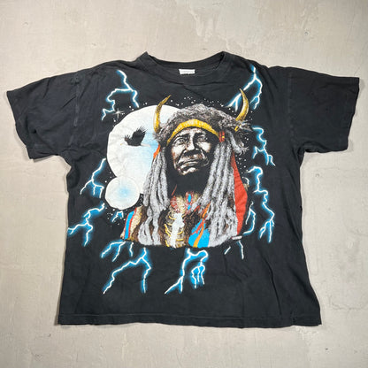 1990s American Thunder Native American Black Tee Size Large USED v17692