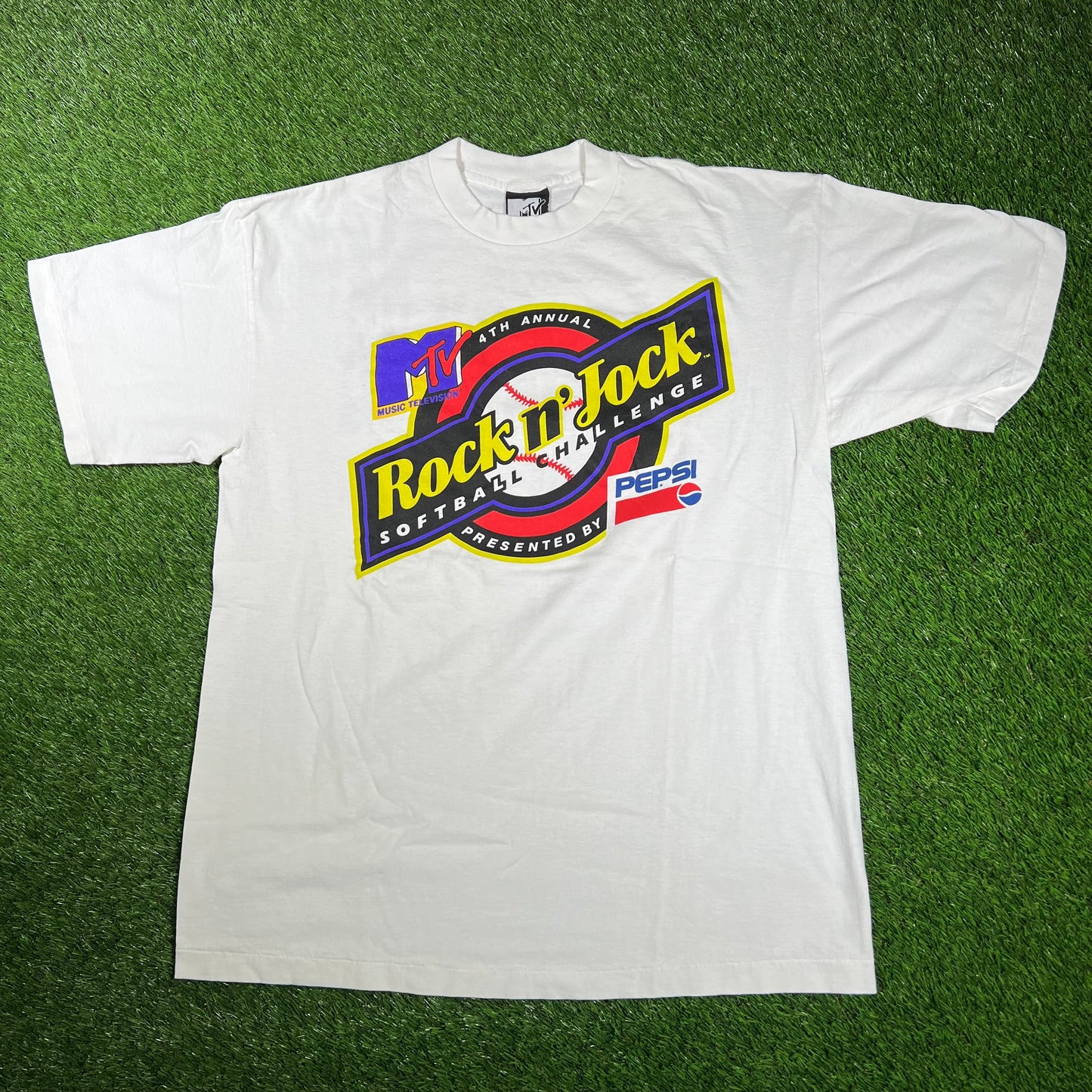 1993 MTV Rock n Jock Softball Challenge White Tee Size XL USED v17167