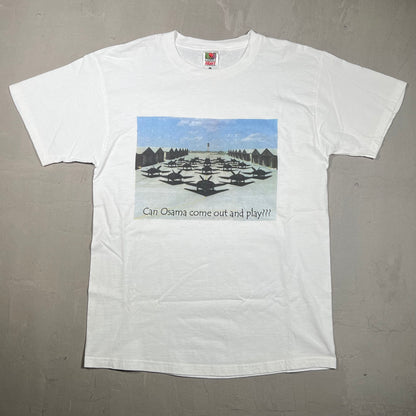 Y2K Osama Come Out And Play Fighter Jets White Tee Size Large USED v16747