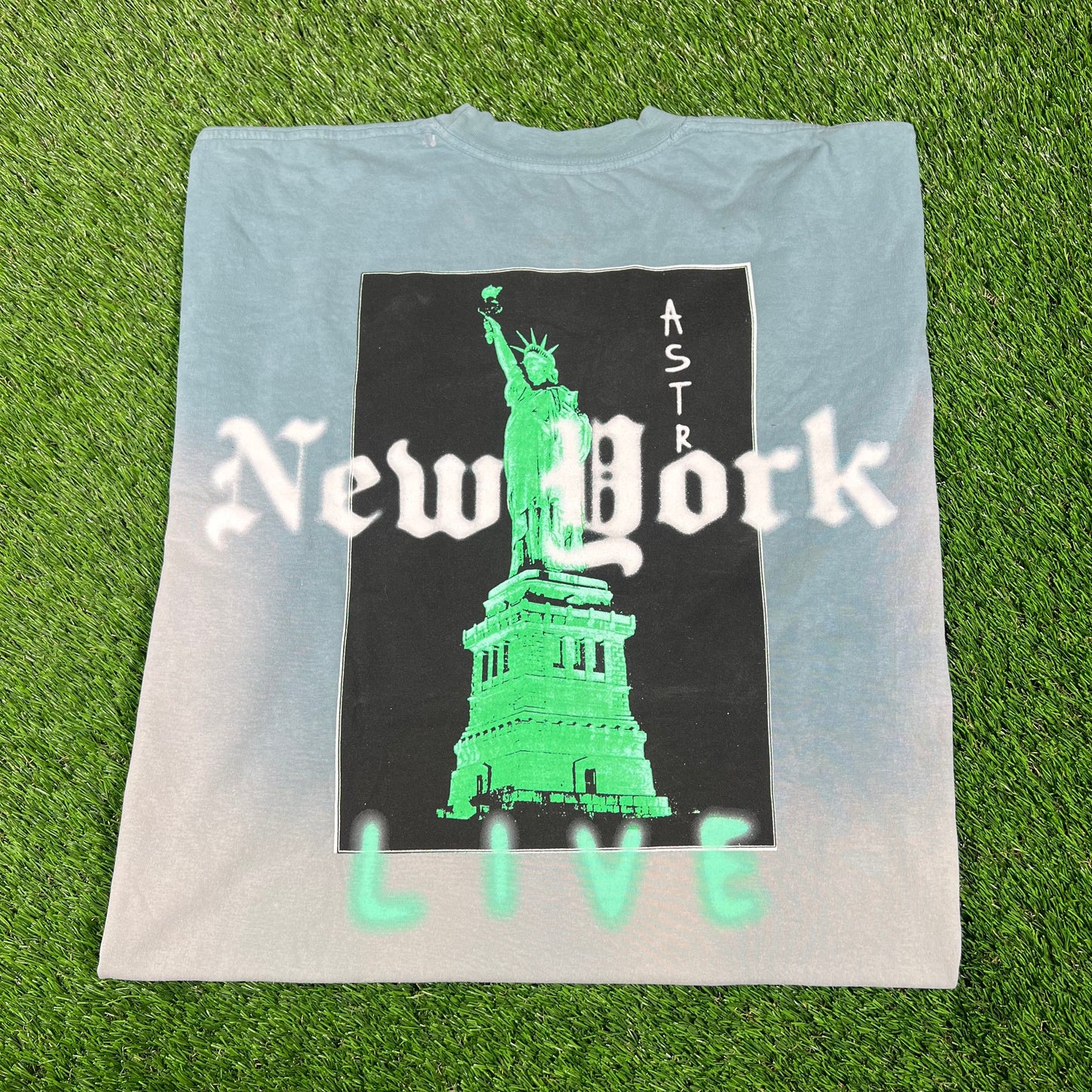 Travis Scott Astro World NY Liberty Teal Tee Size XL USED x14532