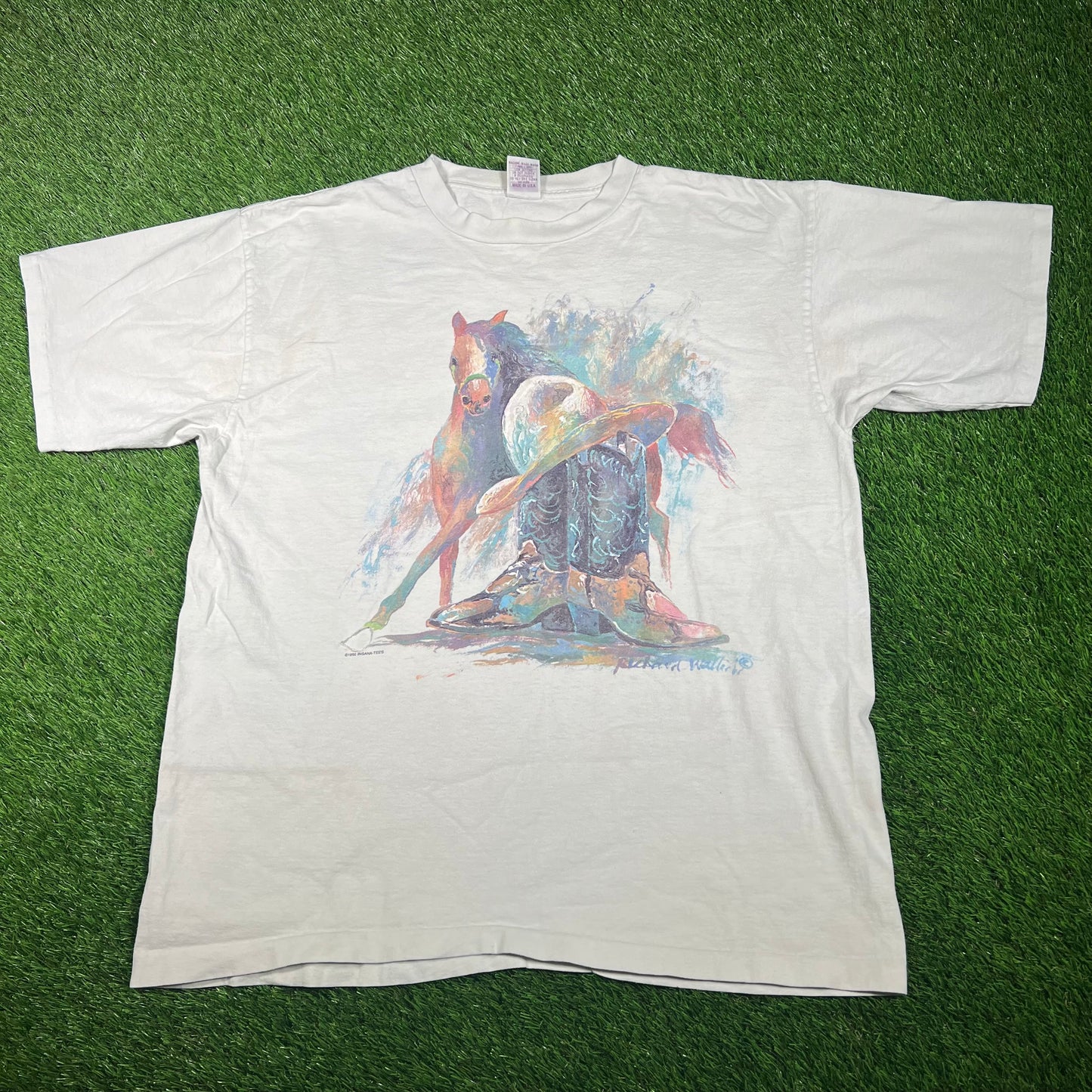 1992 Water Color Horse Hat Boots White Tee Size XL USED v17723