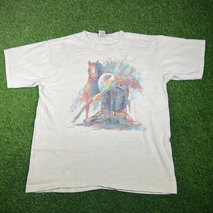 1992 Water Color Horse Hat Boots White Tee Size XL USED v17723