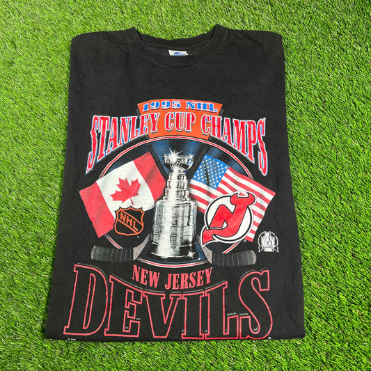 1995 New Jersey Devils Black Stanley Cup Champions Tee Size Large USED v16713
