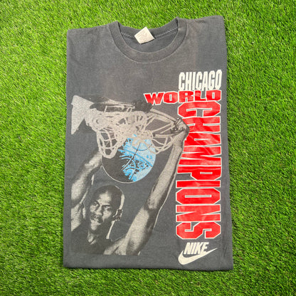 1990s Nike Jordan Chicago World Champs Dunking Washed Grey Tee Size Medium USED v18735
