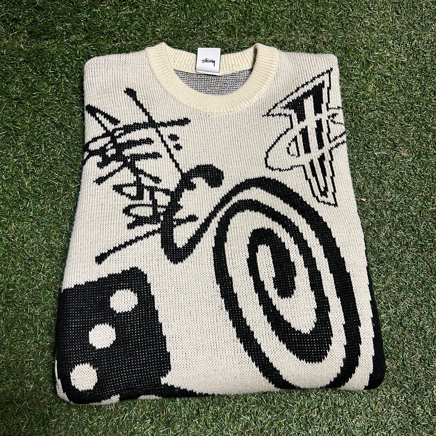 Stussy x Penny Knit AOP Cream Crewneck Size Medium USED x13787