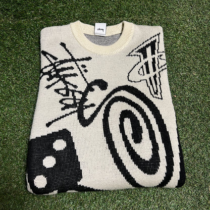 Stussy x Penny Knit AOP Cream Crewneck Size Medium USED x13787