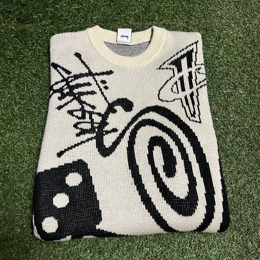 Stussy x Penny Knit AOP Cream Crewneck Size Medium USED x13787