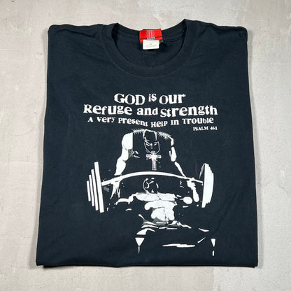 God is Our Refuge Jesus Weight Lifting Black Tee Size XXL USED v19044