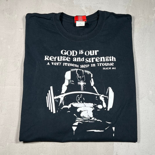 God is Our Refuge Jesus Weight Lifting Black Tee Size XXL USED v19044