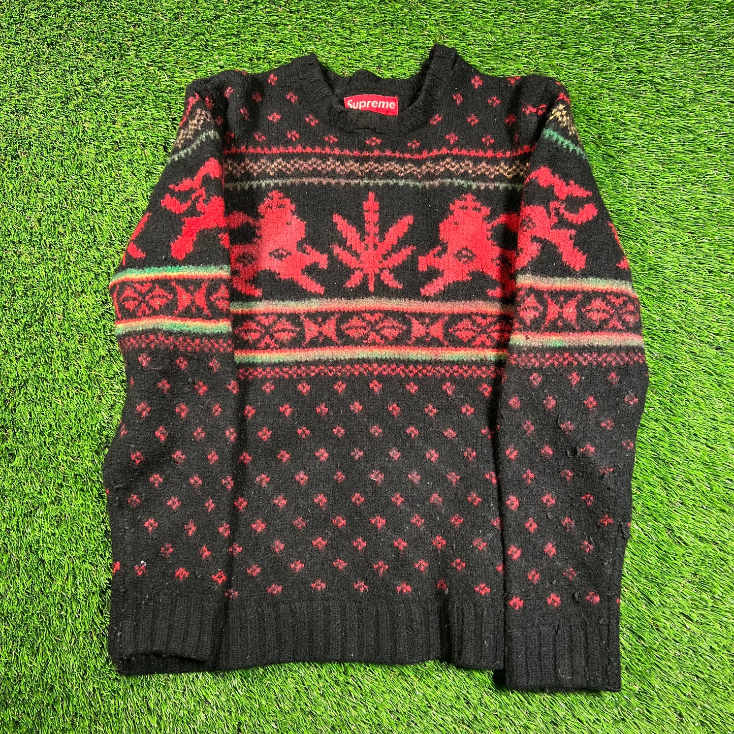 Supreme Black Lion Of Judah Weed Leaf Sweater Size Medium USED x16233