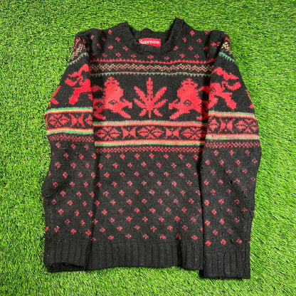 Supreme Black Lion Of Judah Weed Leaf Sweater Size Medium USED x16233