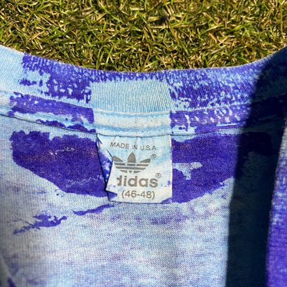 1990s Adidas Puff Print AOP Blue Tee Size XL USED v16074
