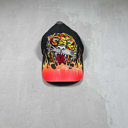 Y2K Ed Hardy Tiger Flame Black Trucker Hat USED v19030