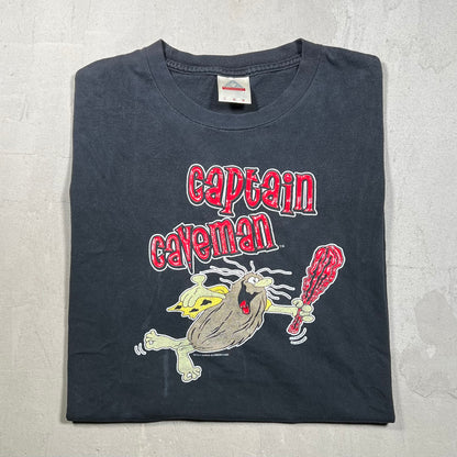 Y2K Captain Caveman Washed Black Tee Size Large USED v19261