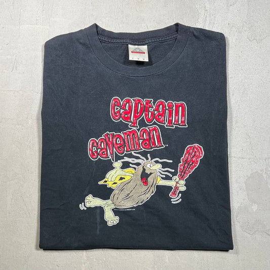 Y2K Captain Caveman Washed Black Tee Size Large USED v19261
