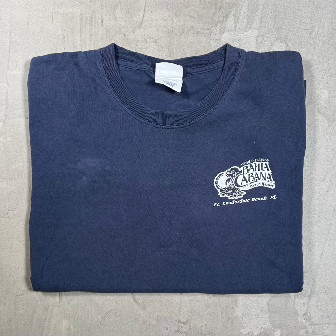 Y2K Bahia Cabana DEA Drinking Navy Blue Tee Size Large USED v20443