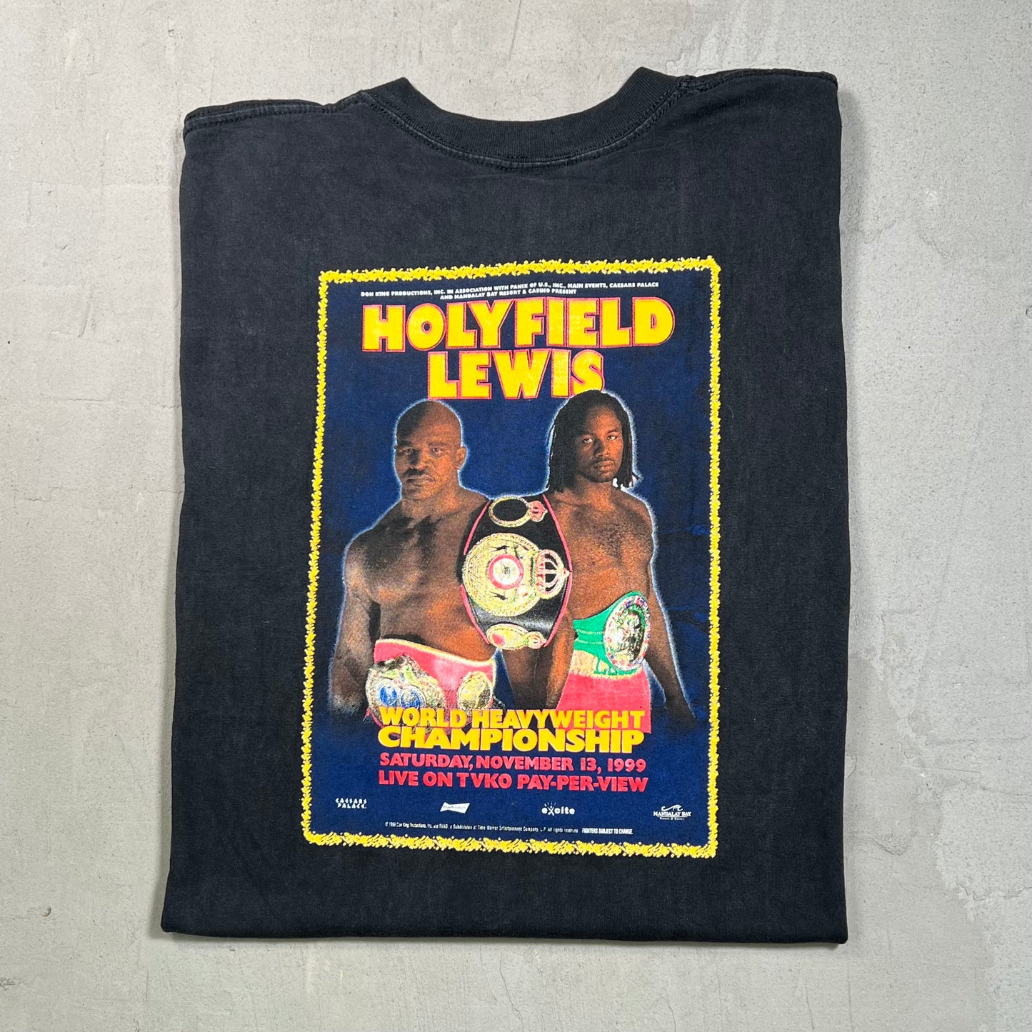 1999 Evander HolyField vs Lennox Lewis Black Tee Size XL USED v19530