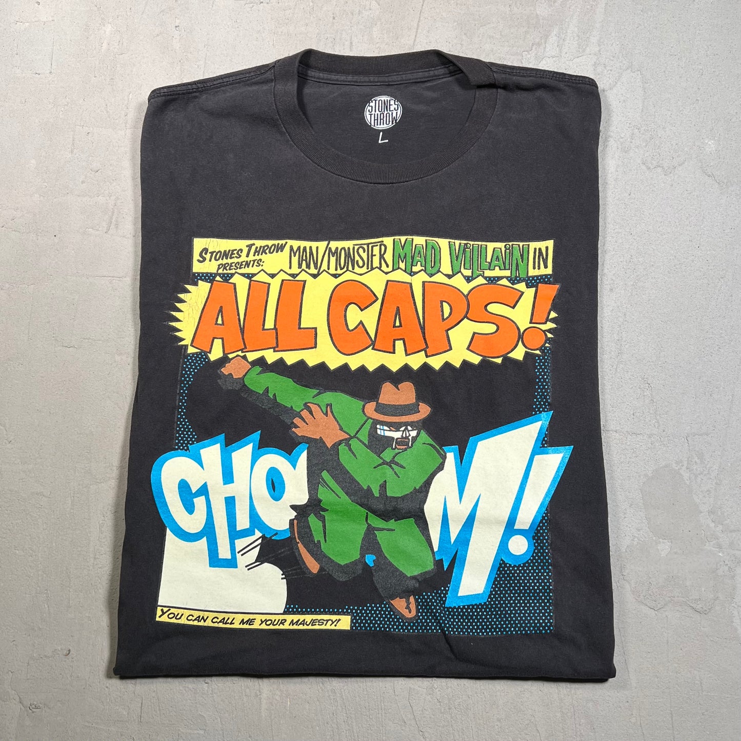 MF Doom Mad Villian "ALLCAPS" Black Tee Size Large USED v19552