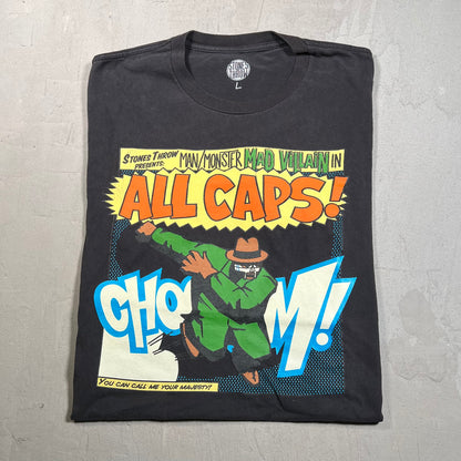 MF Doom Mad Villian "ALLCAPS" Black Tee Size Large USED v19552