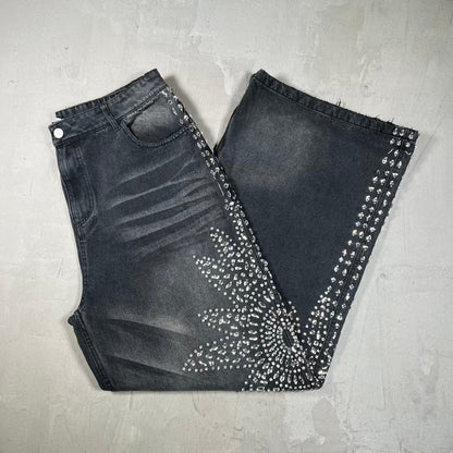 Vale Washed Black Flower Rhinestone Black Denim Jeans Size 34 USED x18923