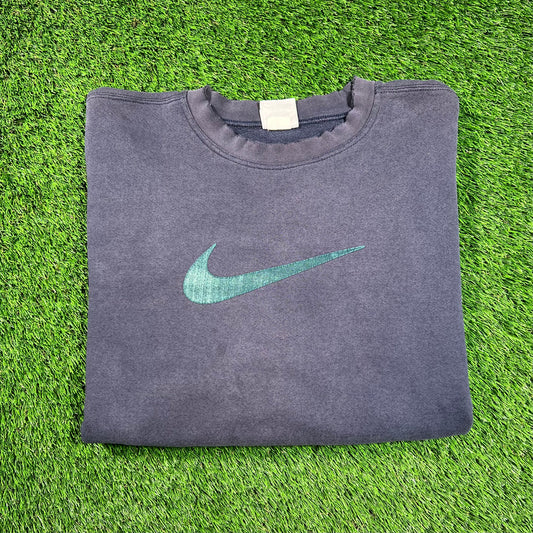 1990s Green Print Swoosh Navy Blue Crewneck Size XXL USED v18588