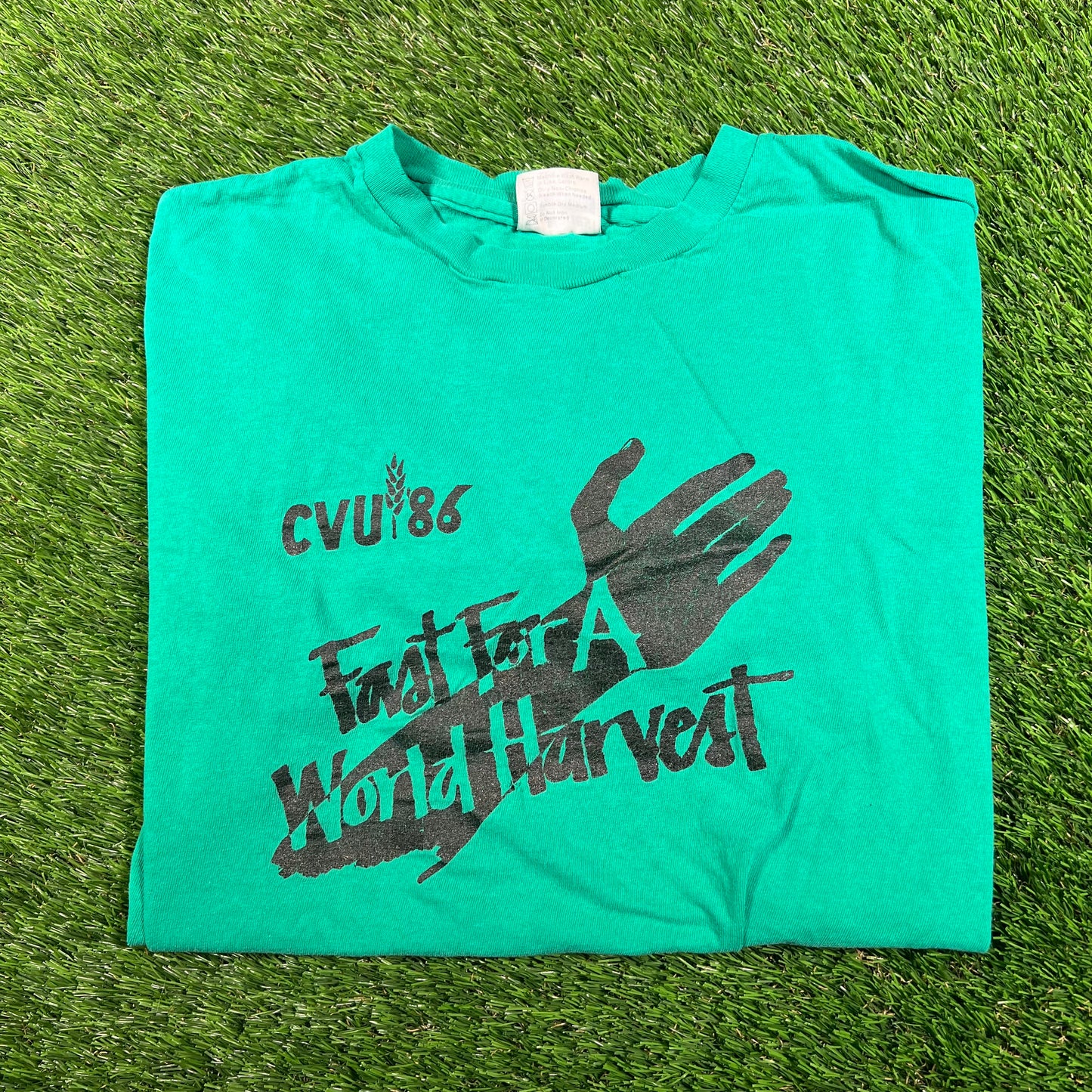 1986 Fast for a World Harvest Green Tee Size XL USED v17734