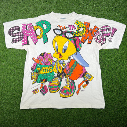 1994 Looney Tunes Tweety Bird Shop Drop AOP White Tee Size XL USED v16893