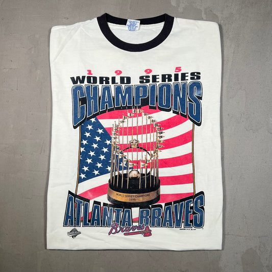 1995 Atlanta Braves World Series Ringer Tee Size Medium USED v18972