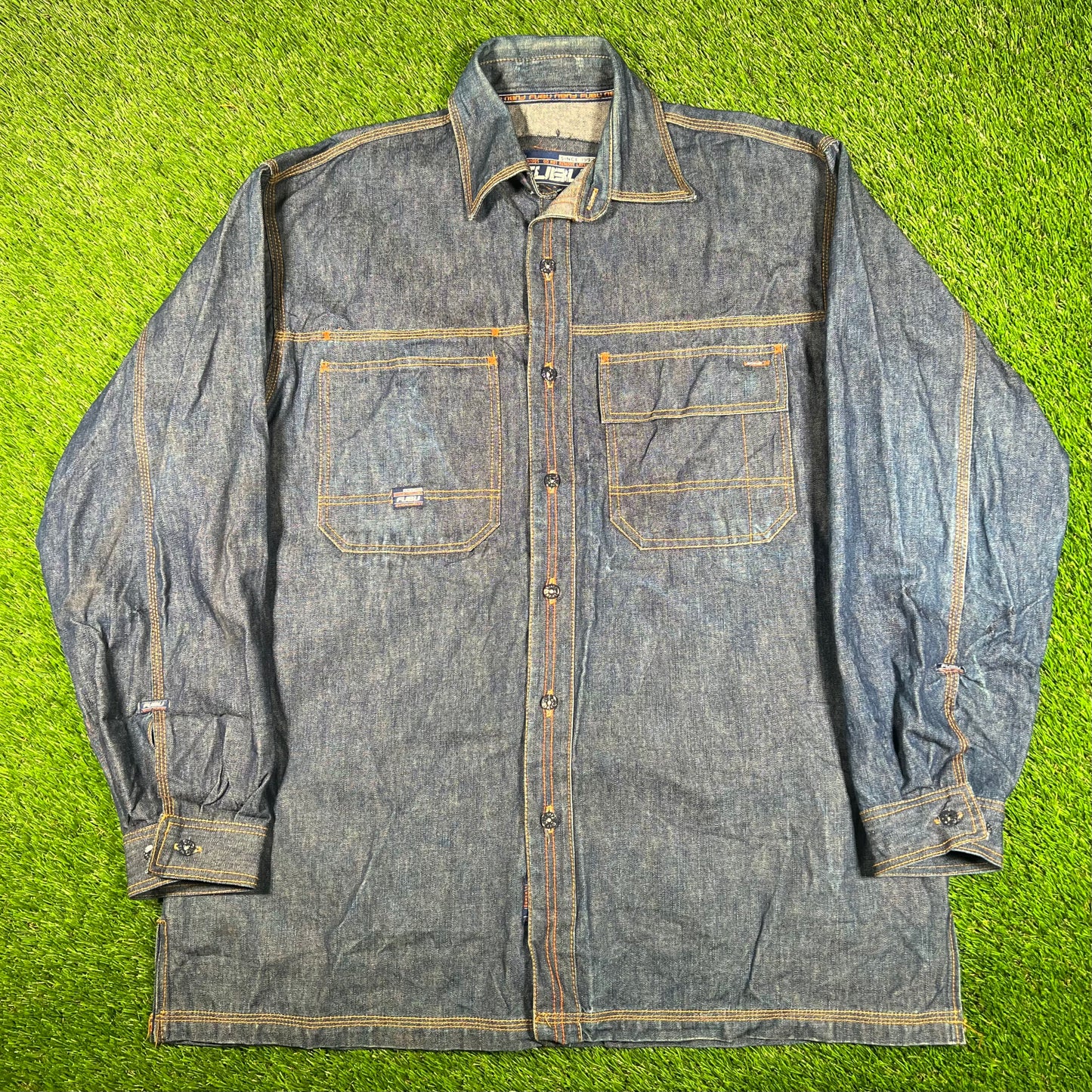 Y2K Fubu Blue Selvedge Denim Shirt Size XXL USED v17895