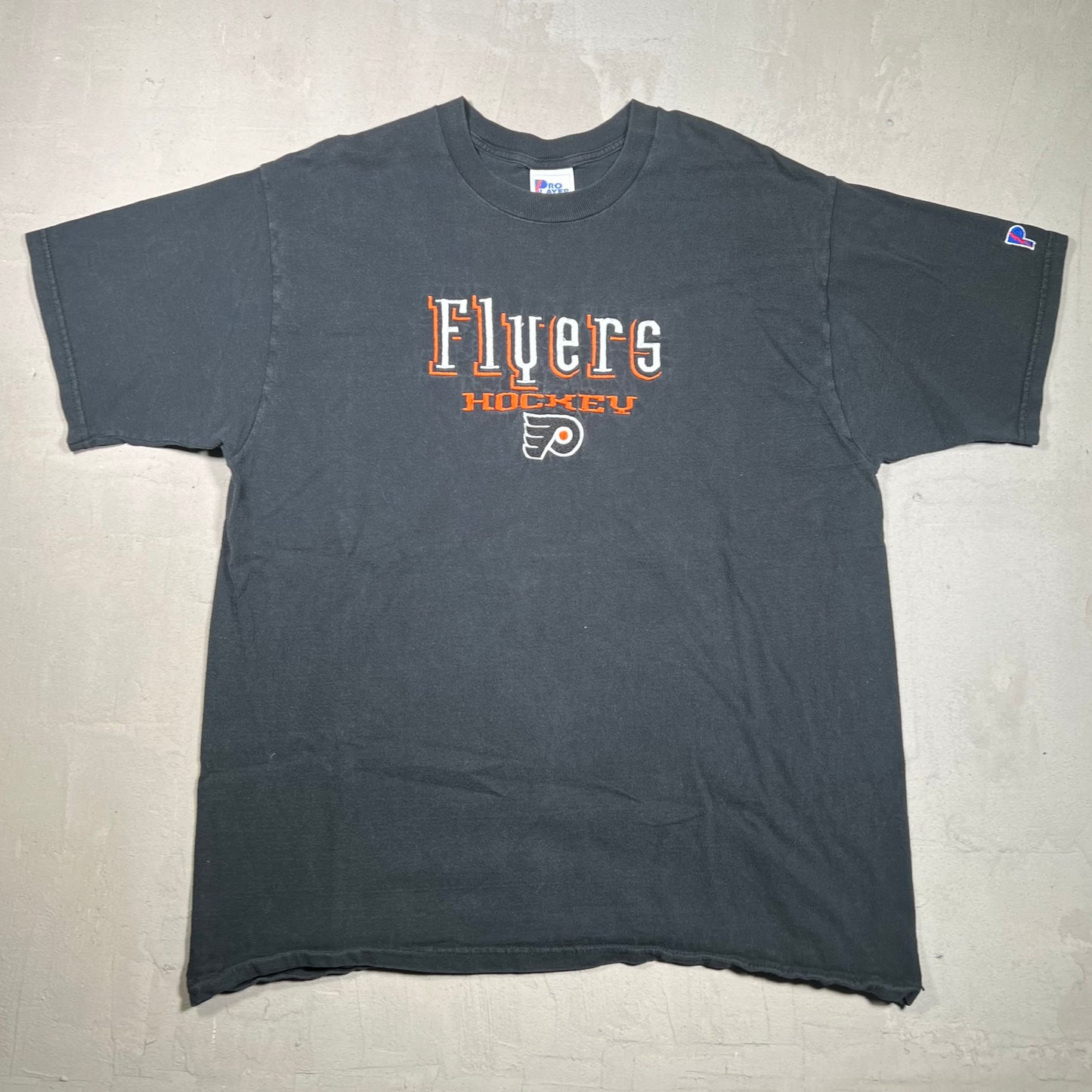 1990s Flyers Hockey Embroidered Logo Black Tee Size XL USED v16211